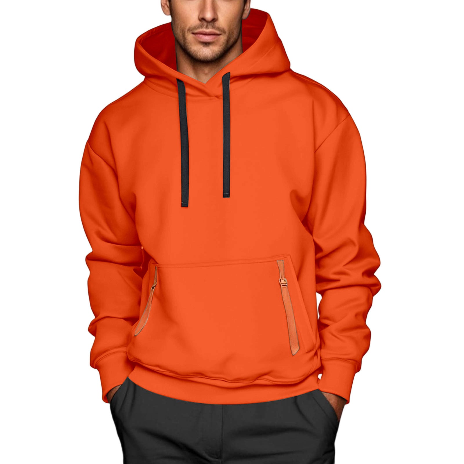Customizable Logo Fashion Innovative Men's Hoodie Outerwear With Sash Casual Pure Color V-Neck Long Sleeve Winter Polyester Blend - view 3