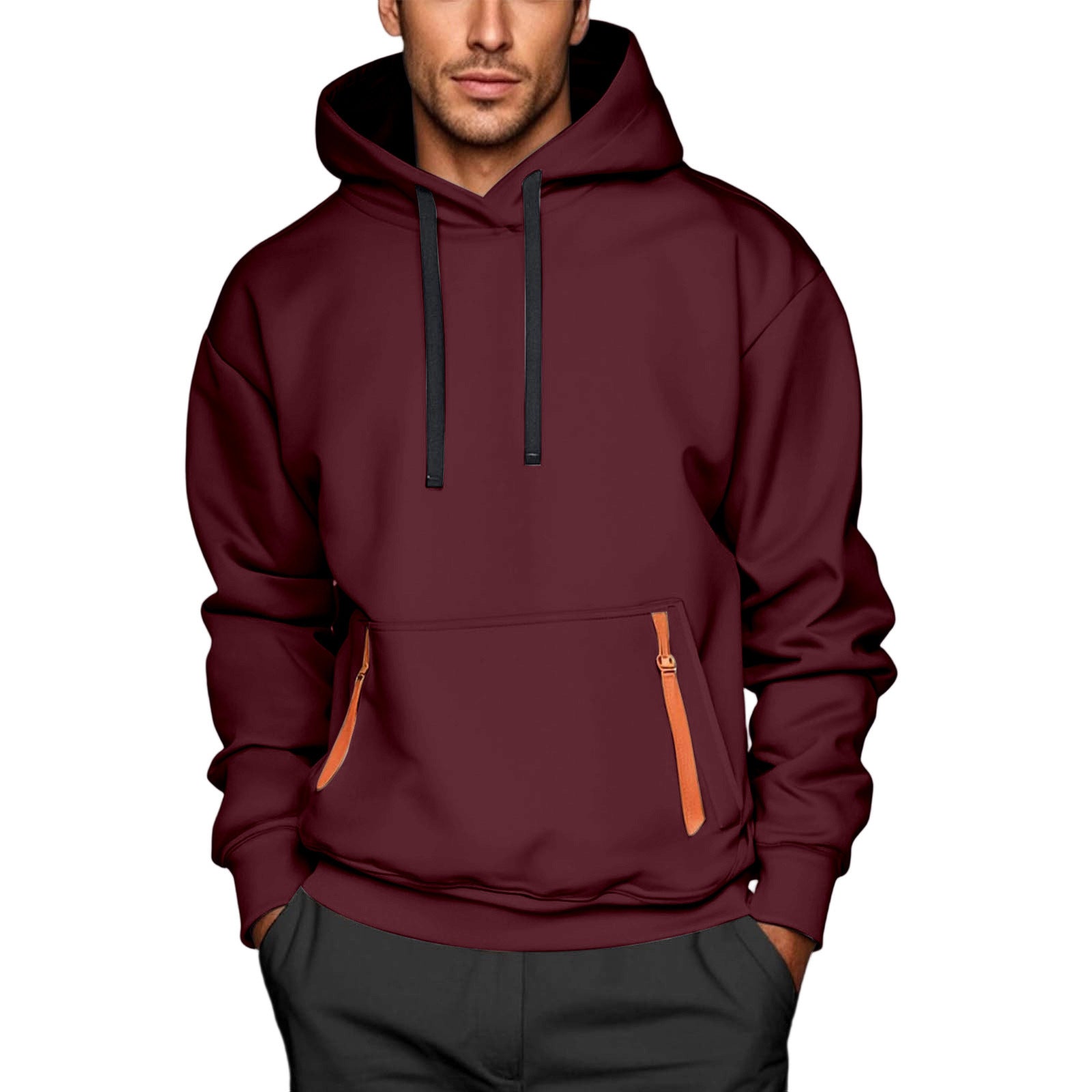 Customizable Logo Fashion Innovative Men's Hoodie Outerwear With Sash Casual Pure Color V-Neck Long Sleeve Winter Polyester Blend - view 4