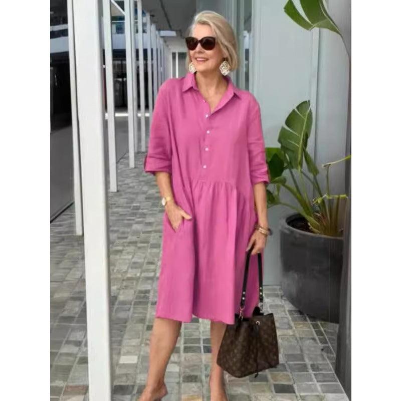 Casual Cotton Linen Women's Dress European Style Seven Sleeve Commute Fashion Pure Color Patchwork Irregular Skirt Dress - front view