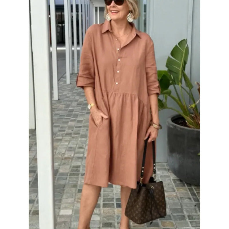 Casual Cotton Linen Women's Dress European Style Seven Sleeve Commute Fashion Pure Color Patchwork Irregular Skirt Dress - view 2