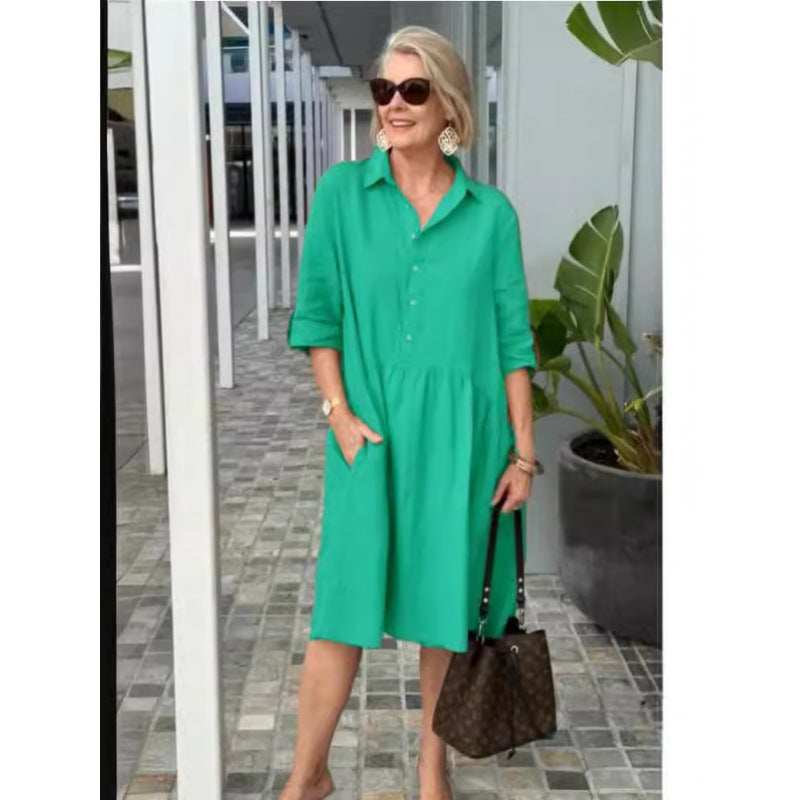 Casual Cotton Linen Women's Dress European Style Seven Sleeve Commute Fashion Pure Color Patchwork Irregular Skirt Dress - view 3