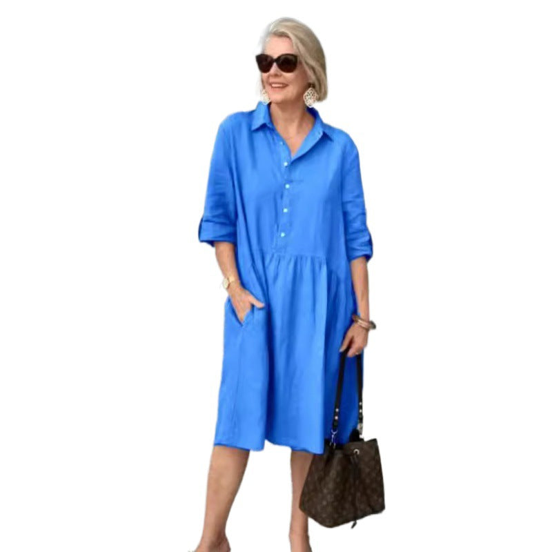 Casual Cotton Linen Women's Dress European Style Seven Sleeve Commute Fashion Pure Color Patchwork Irregular Skirt Dress - view 4
