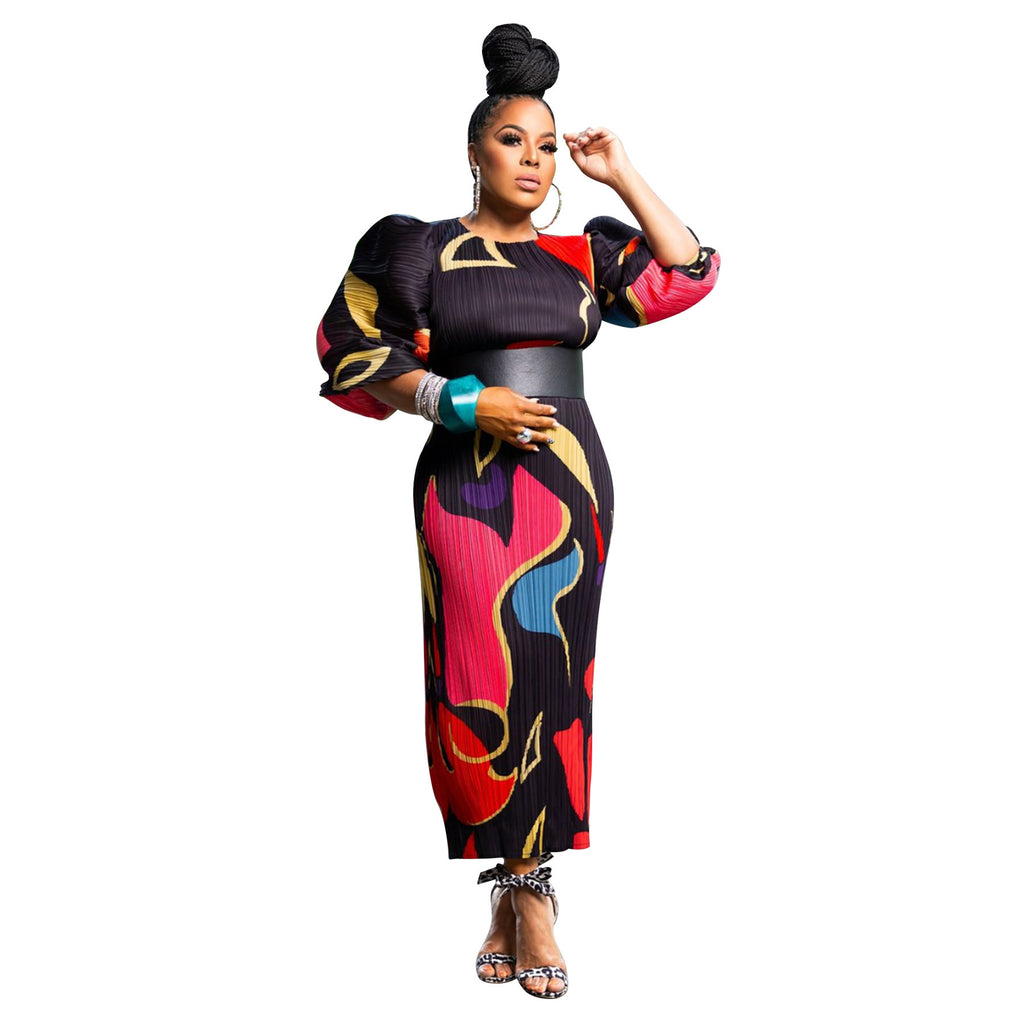 K10783 Lantern Sleeve Pleated Dress Fashionable  Style Women's Dress High Quality Polyester Fabric Long Sleeve - view 5