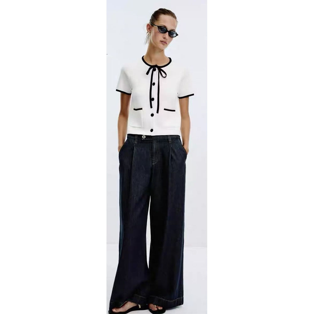 Fashionable Color Block Knitted Round Neck Short Sleeve Women's Top Elegant Style Polyester Acrylic Fabric Three Quarter Sleeve - front view
