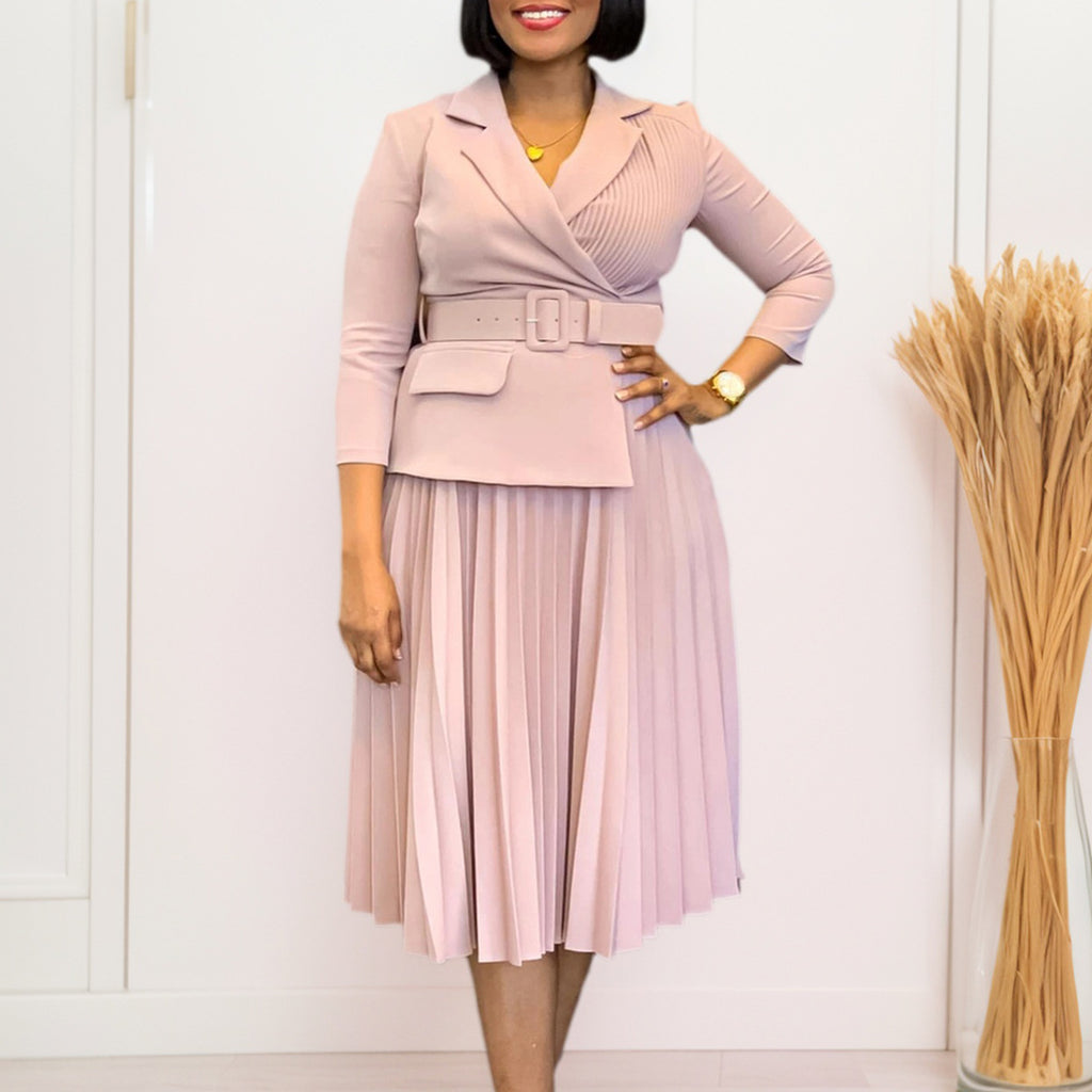 Elegant African Inspired Women's Dress Autumn Winter Suit Collar Pleated Skirt European Style Fashionable Seven Sleeve Dress - view 2