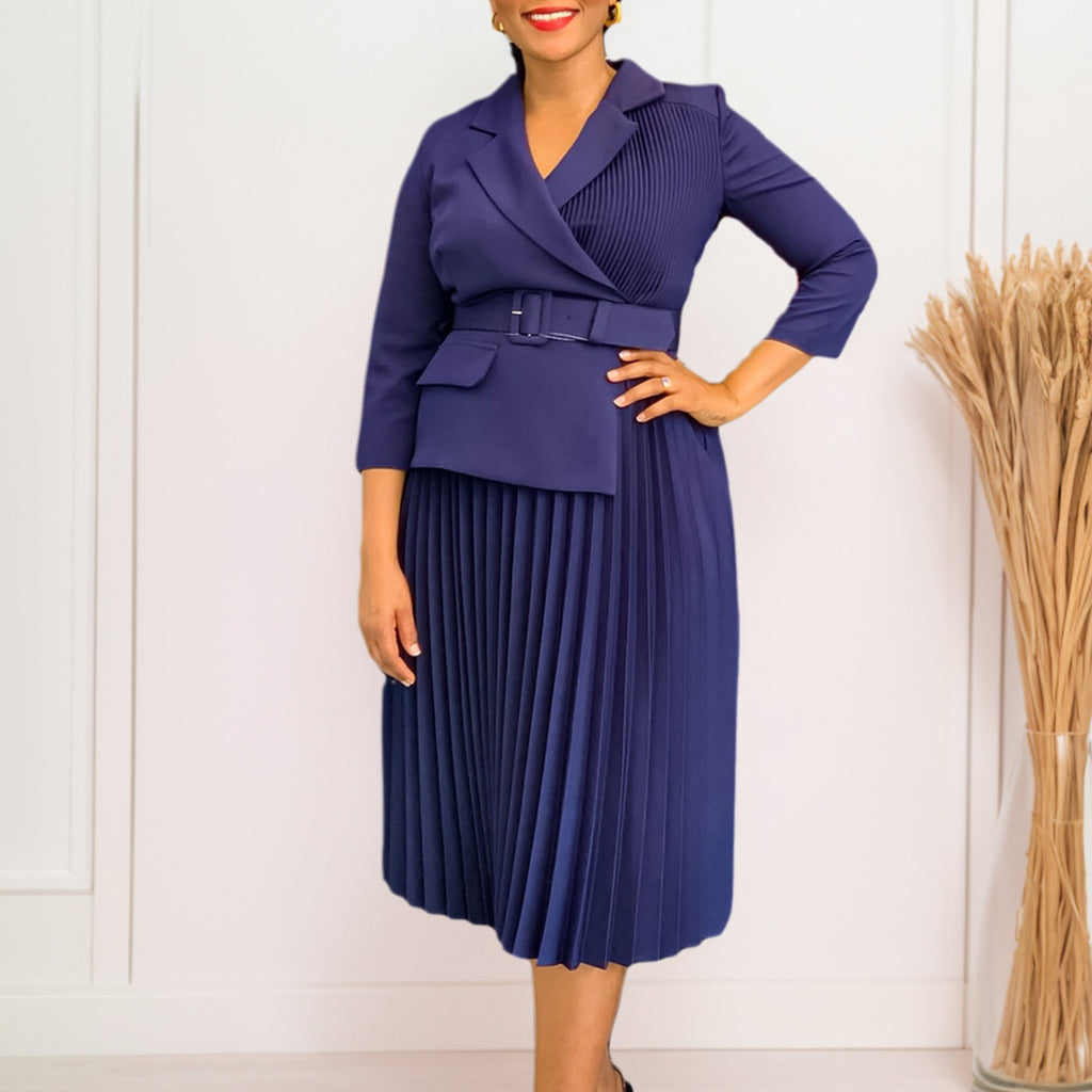Elegant African Inspired Women's Dress Autumn Winter Suit Collar Pleated Skirt European Style Fashionable Seven Sleeve Dress - view 3