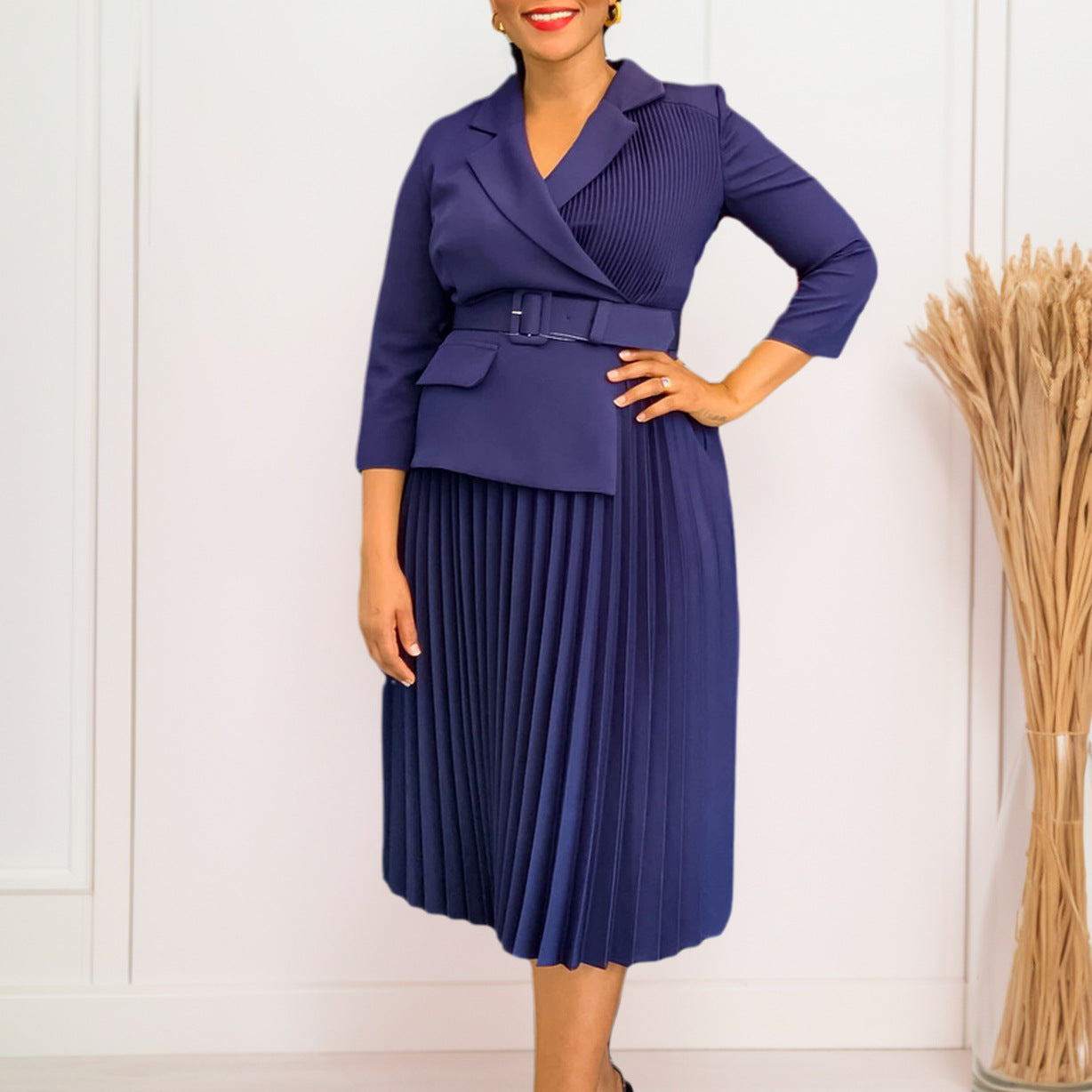 Elegant African Inspired Women's Dress Autumn Winter Suit Collar Pleated Skirt European Style Fashionable Seven Sleeve Dress - view 3