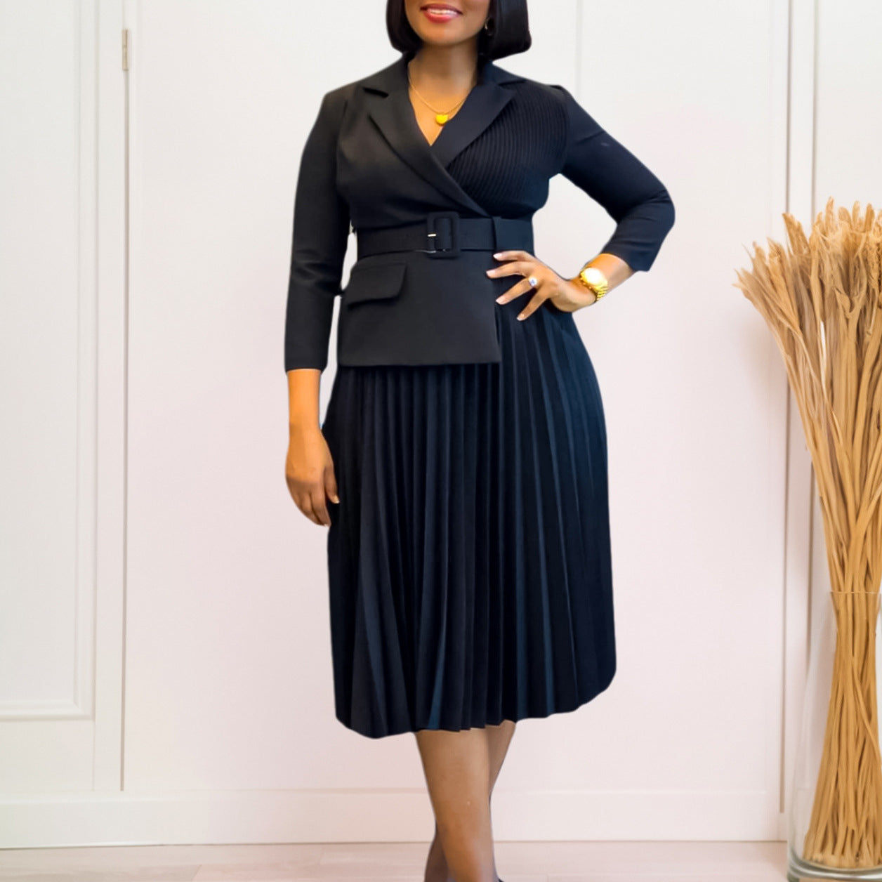 Elegant African Inspired Women's Dress Autumn Winter Suit Collar Pleated Skirt European Style Fashionable Seven Sleeve Dress - view 4