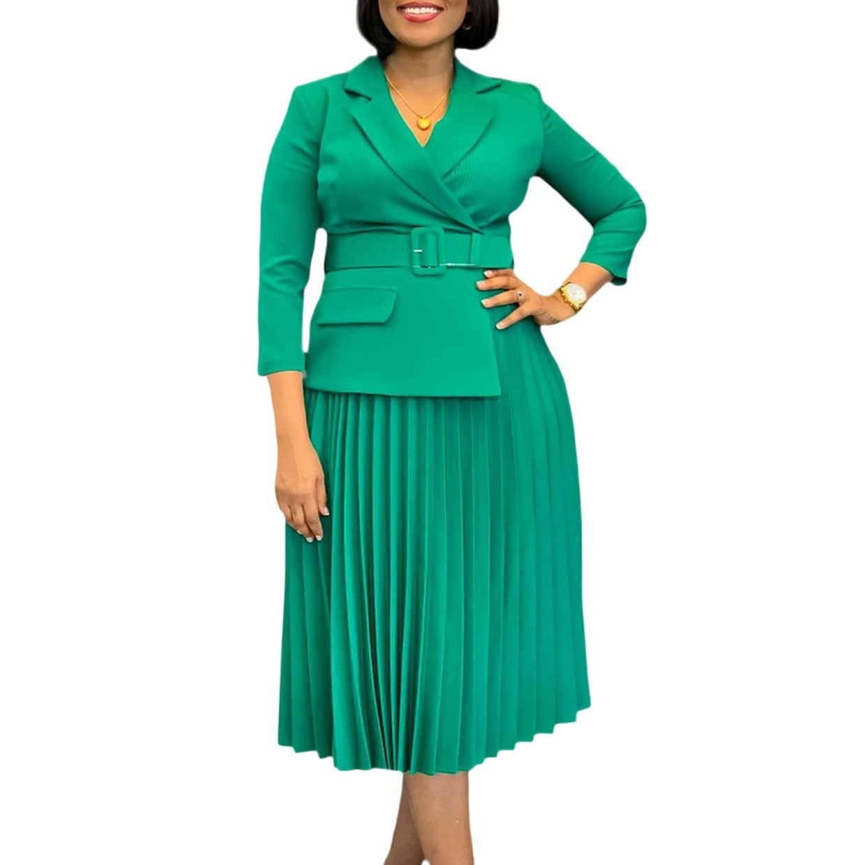 Elegant African Inspired Women's Dress Autumn Winter Suit Collar Pleated Skirt European Style Fashionable Seven Sleeve Dress - view 5