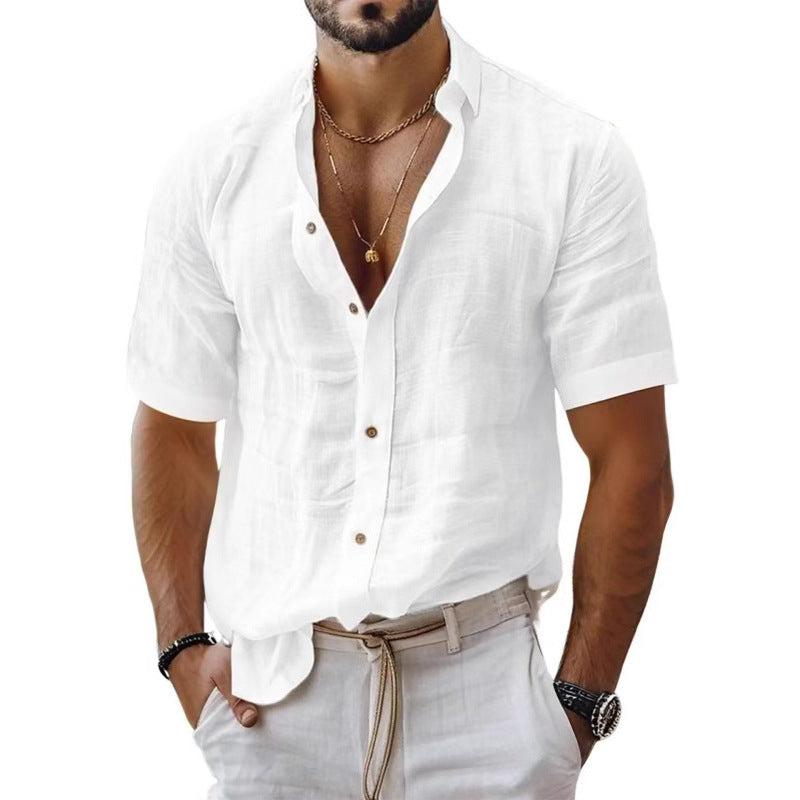 Casual Cotton Linen Men's Shirt Summer New Style Short Sleeve Turn-down Collar Versatile Plain Color Leisure Cotton Linen Shirt - front view
