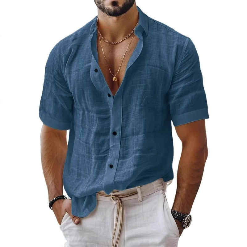 Casual Cotton Linen Men's Shirt Summer New Style Short Sleeve Turn-down Collar Versatile Plain Color Leisure Cotton Linen Shirt - view 2