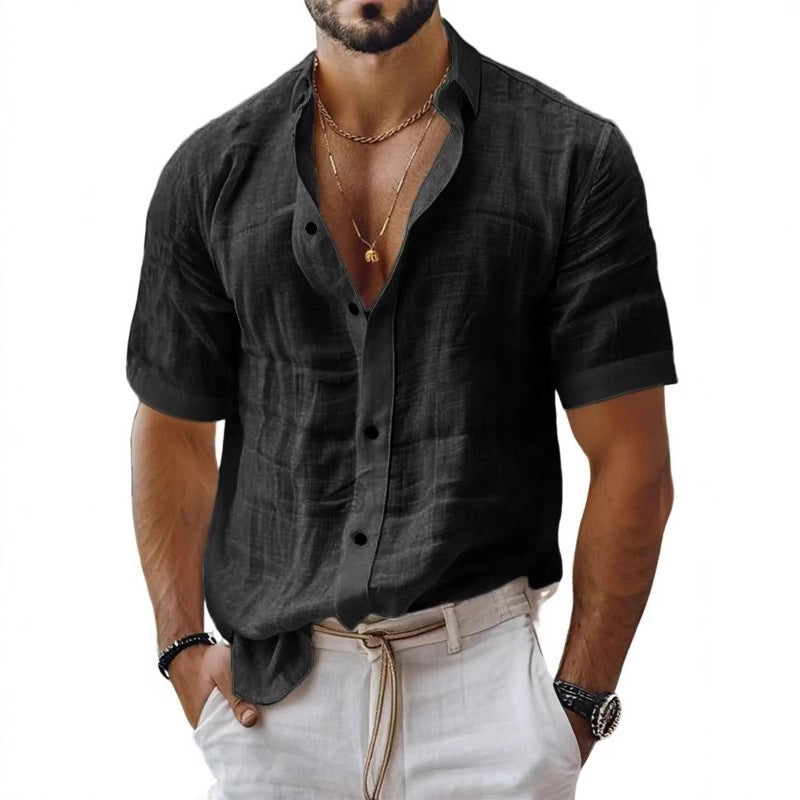 Casual Cotton Linen Men's Shirt Summer New Style Short Sleeve Turn-down Collar Versatile Plain Color Leisure Cotton Linen Shirt - view 3
