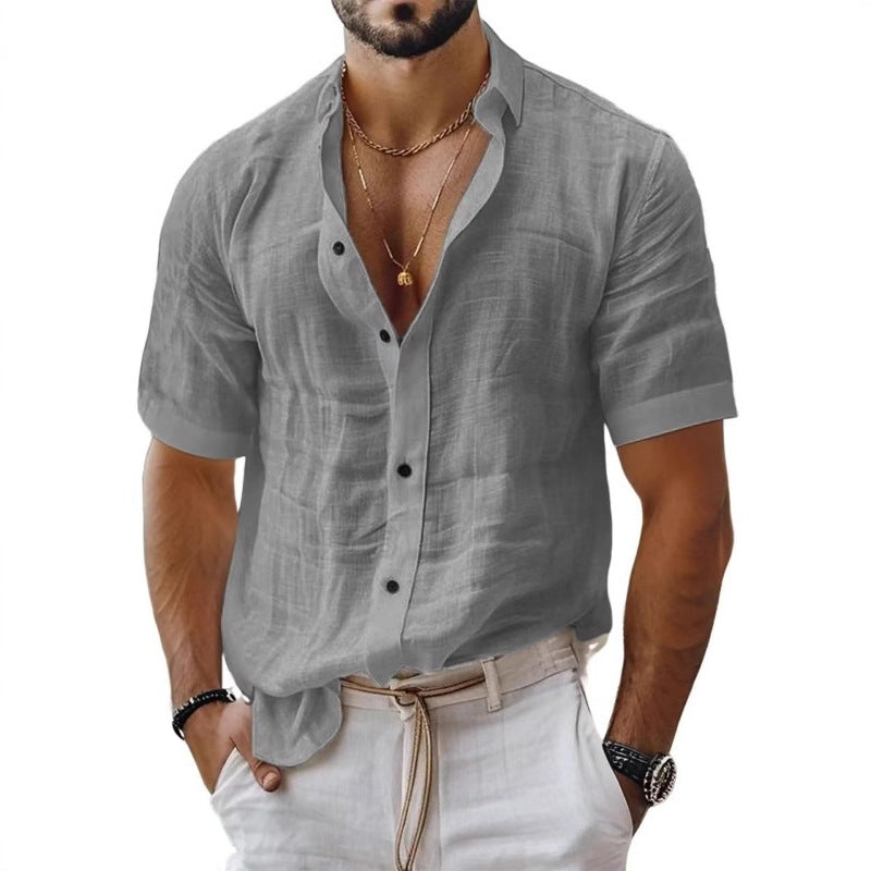 Casual Cotton Linen Men's Shirt Summer New Style Short Sleeve Turn-down Collar Versatile Plain Color Leisure Cotton Linen Shirt - view 4