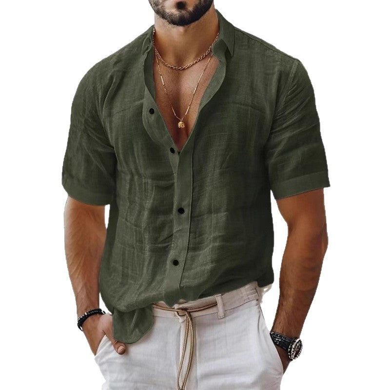 Casual Cotton Linen Men's Shirt Summer New Style Short Sleeve Turn-down Collar Versatile Plain Color Leisure Cotton Linen Shirt - view 5