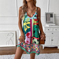 Summer  Sexy Abstract Print V-neck Women's Dress  Fashion One-piece Suit Casual Comfortable Dress - front view