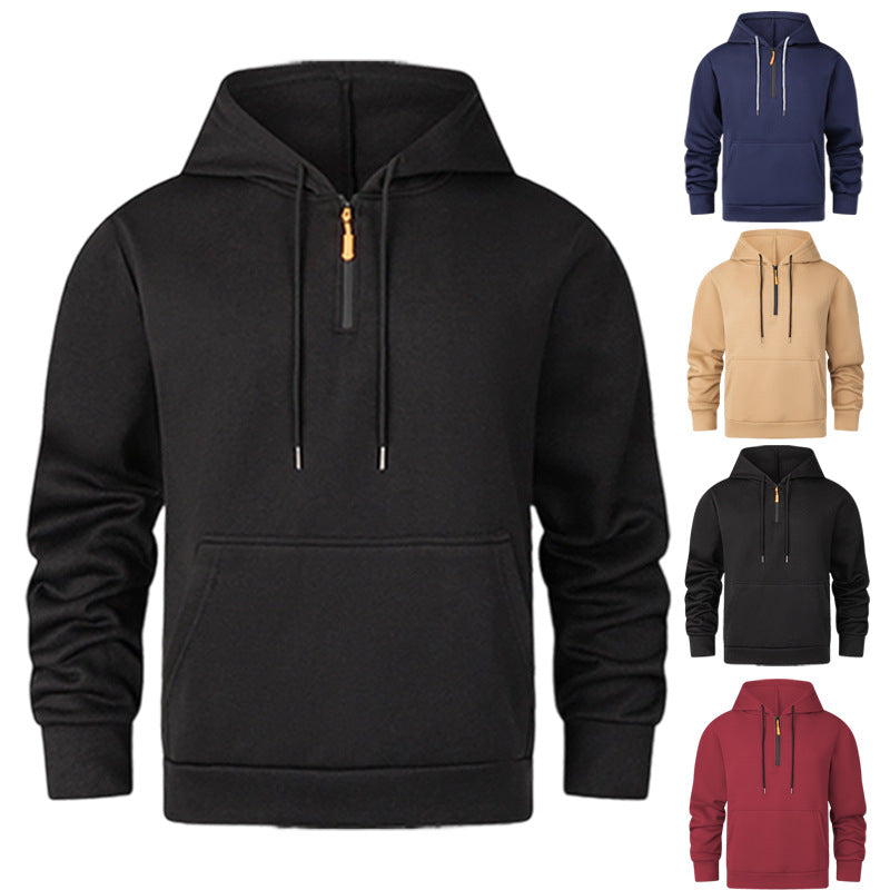 Fashionable Men's Hoodie Sweatshirt Half Zipper Sporty Polyester Long Sleeve Spring Autumn Loose Fit Pure Color Tracksuit - front view