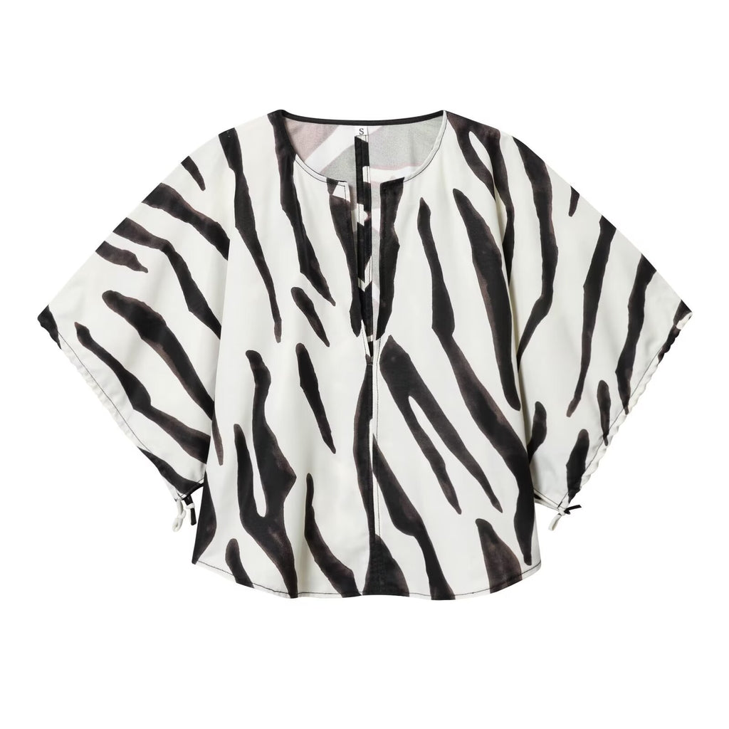 Fashionable Casual Animal Print Women's Top Elegant Zipper Closure Polyester Short Sleeve Seven-Quarter Length Pure Color - view 2