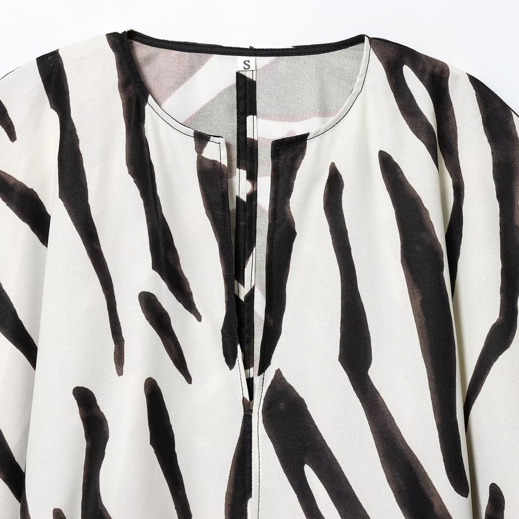 Fashionable Casual Animal Print Women's Top Elegant Zipper Closure Polyester Short Sleeve Seven-Quarter Length Pure Color - view 4