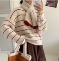 Autumn Winter Loose Knitted Open Cardigan Color Block Striped Sweater With Scarf Versatile Elegant Street Style Women's Top - front view
