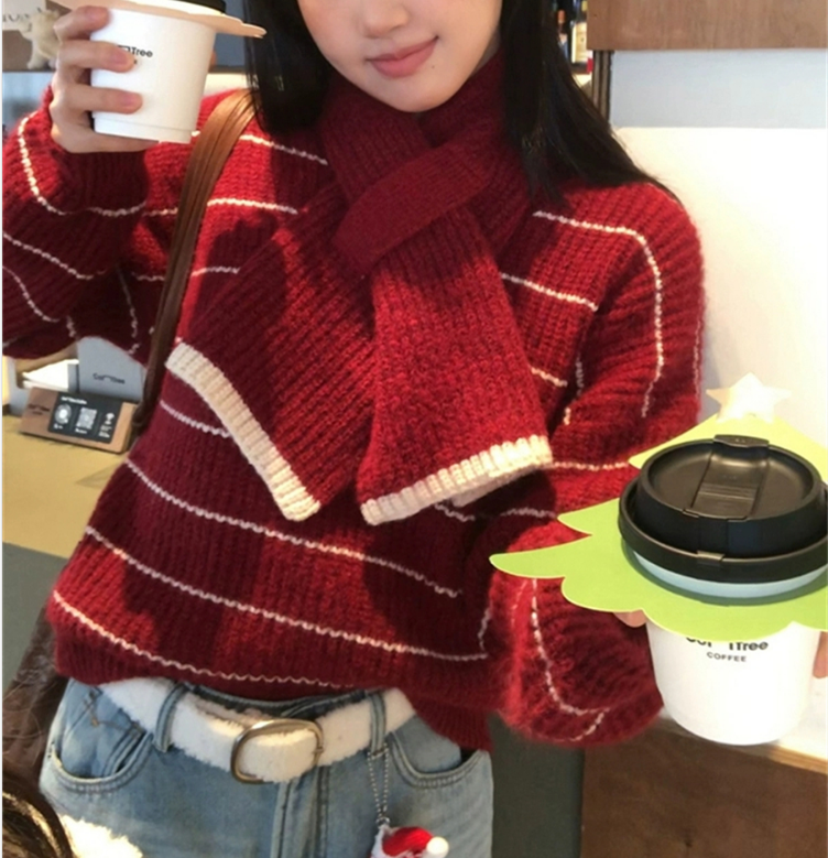 Autumn Winter Loose Knitted Open Cardigan Color Block Striped Sweater With Scarf Versatile Elegant Street Style Women's Top - view 3
