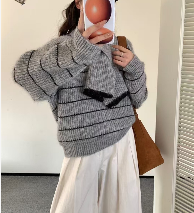 Autumn Winter Loose Knitted Open Cardigan Color Block Striped Sweater With Scarf Versatile Elegant Street Style Women's Top - view 2