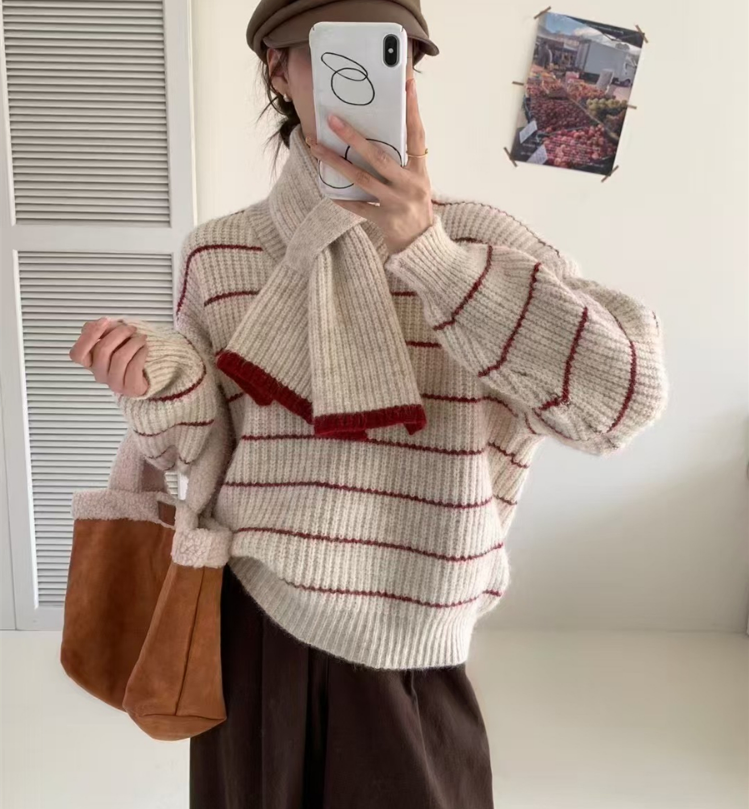 Autumn Winter Loose Knitted Open Cardigan Color Block Striped Sweater With Scarf Versatile Elegant Street Style Women's Top - view 4