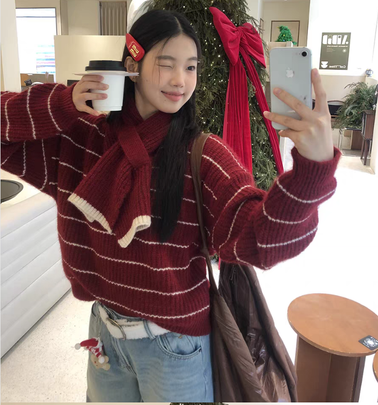 Autumn Winter Loose Knitted Open Cardigan Color Block Striped Sweater With Scarf Versatile Elegant Street Style Women's Top - view 6