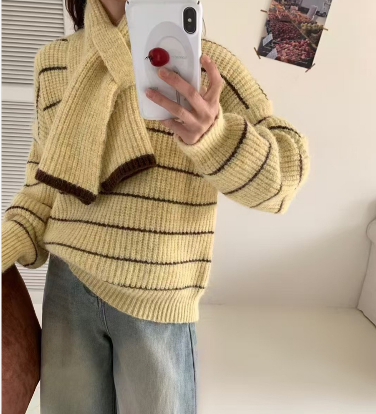 Autumn Winter Loose Knitted Open Cardigan Color Block Striped Sweater With Scarf Versatile Elegant Street Style Women's Top - view 5