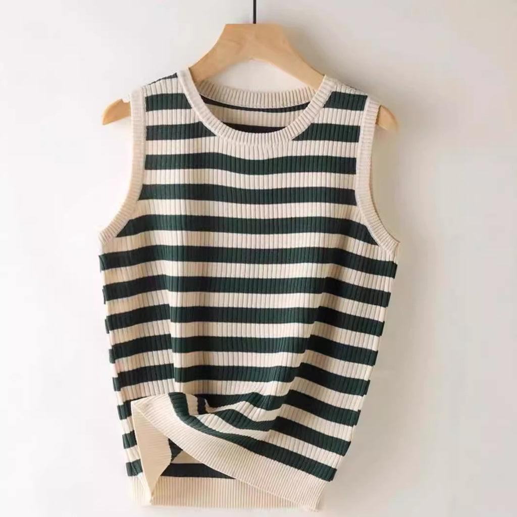Casual Loose Striped Sleeveless Round Neck Knitted Vest Women's Top Versatile Summer Ribbed Vintage And Artistic Style - front view