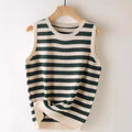 Casual Loose Striped Sleeveless Round Neck Knitted Vest Women's Top Versatile Summer Ribbed Vintage And Artistic Style - front view