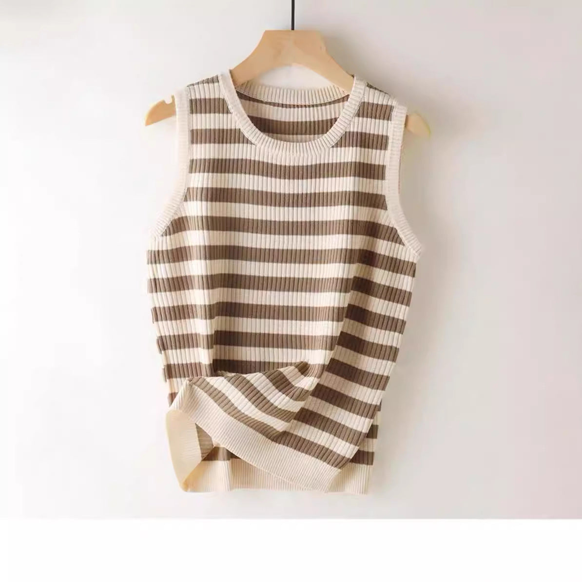 Casual Loose Striped Sleeveless Round Neck Knitted Vest Women's Top Versatile Summer Ribbed Vintage And Artistic Style - view 2