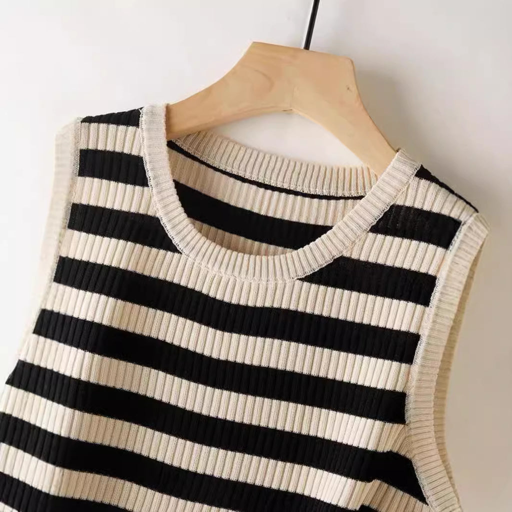 Casual Loose Striped Sleeveless Round Neck Knitted Vest Women's Top Versatile Summer Ribbed Vintage And Artistic Style - view 3