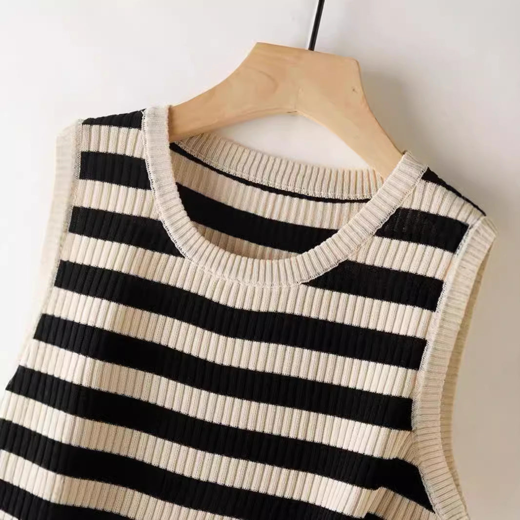 Casual Loose Striped Sleeveless Round Neck Knitted Vest Women's Top Versatile Summer Ribbed Vintage And Artistic Style - view 3