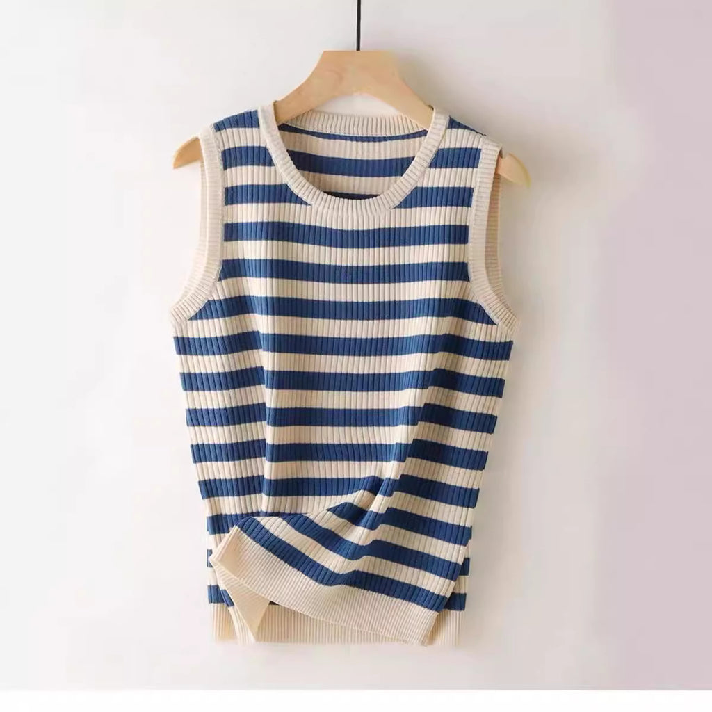 Casual Loose Striped Sleeveless Round Neck Knitted Vest Women's Top Versatile Summer Ribbed Vintage And Artistic Style - view 4