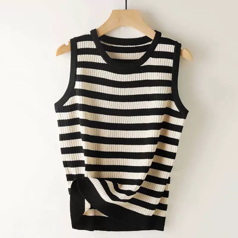Casual Loose Striped Sleeveless Round Neck Knitted Vest Women's Top Versatile Summer Ribbed Vintage And Artistic Style - view 5