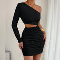 Sexy Hollow Out Shoulder Women's Dress  Style Trendy Girl Bodycon Mini Dress Long Sleeve Solid Color Gown - front view