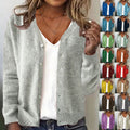 Pure Color Button V-neck Open Cardigan Long Sleeve Knitted Sweater Casual Style Loose Fit Women's Top - front view
