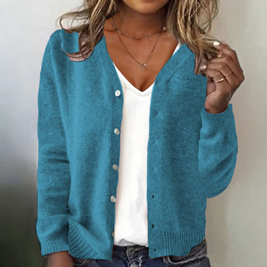 Pure Color Button V-neck Open Cardigan Long Sleeve Knitted Sweater Casual Style Loose Fit Women's Top - view 2