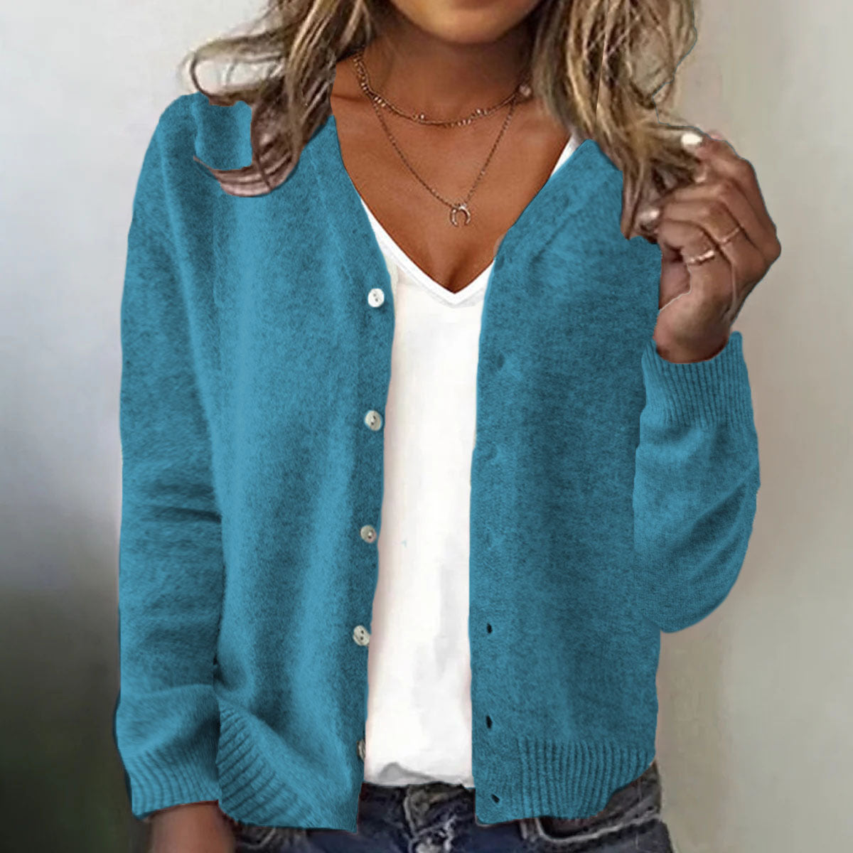 Pure Color Button V-neck Open Cardigan Long Sleeve Knitted Sweater Casual Style Loose Fit Women's Top - view 2