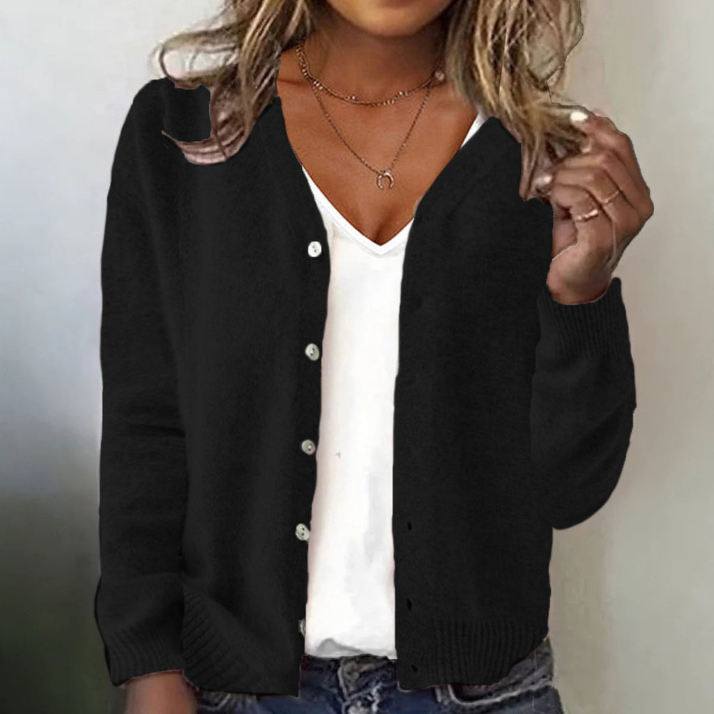 Pure Color Button V-neck Open Cardigan Long Sleeve Knitted Sweater Casual Style Loose Fit Women's Top - view 3