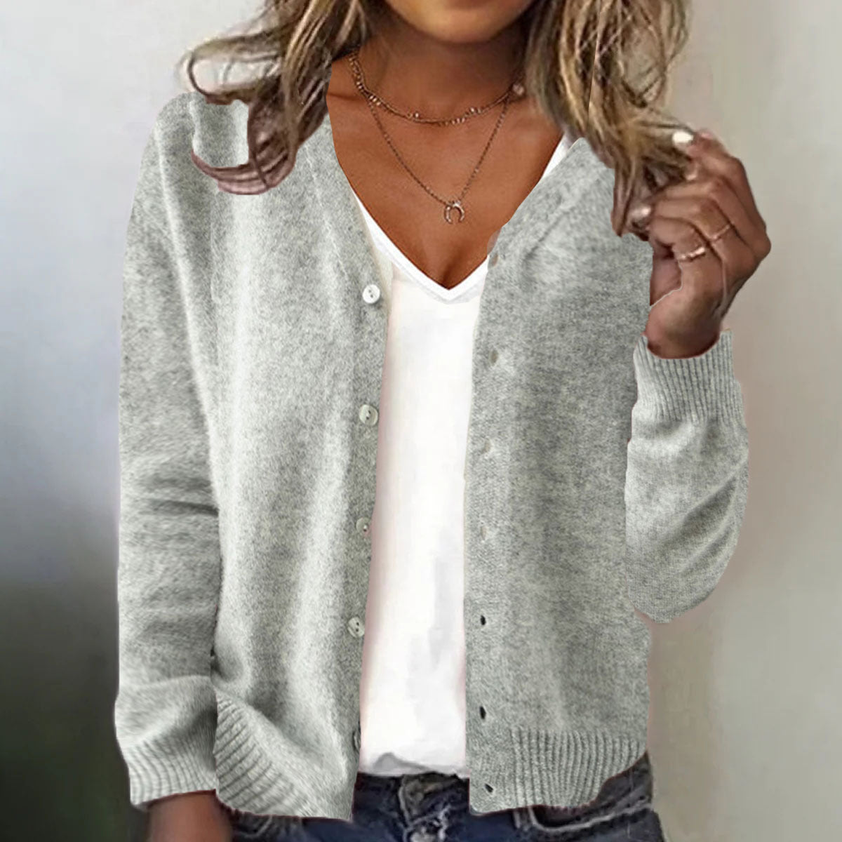 Pure Color Button V-neck Open Cardigan Long Sleeve Knitted Sweater Casual Style Loose Fit Women's Top - view 4