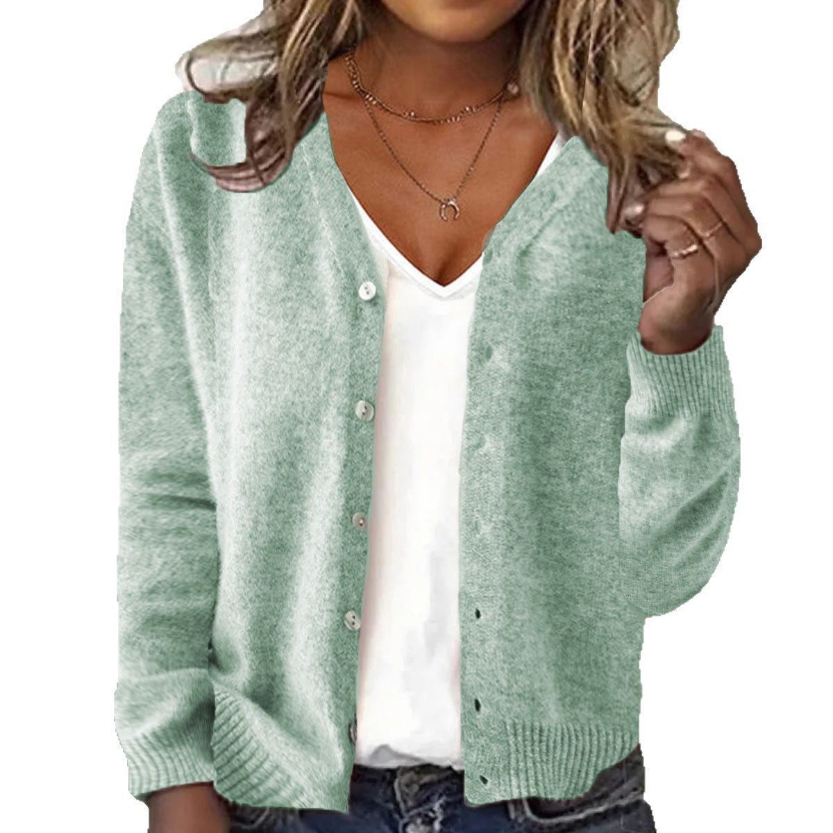 Pure Color Button V-neck Open Cardigan Long Sleeve Knitted Sweater Casual Style Loose Fit Women's Top - view 5