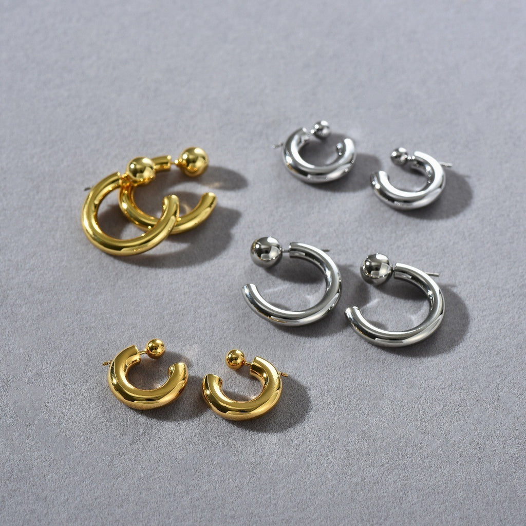 Fashion Personality Golden Bean Earrings Trend Metal Thick C- Shaped Split Ring Earrings Hip Hop Style Geometric Pattern Brass Earrings - front view
