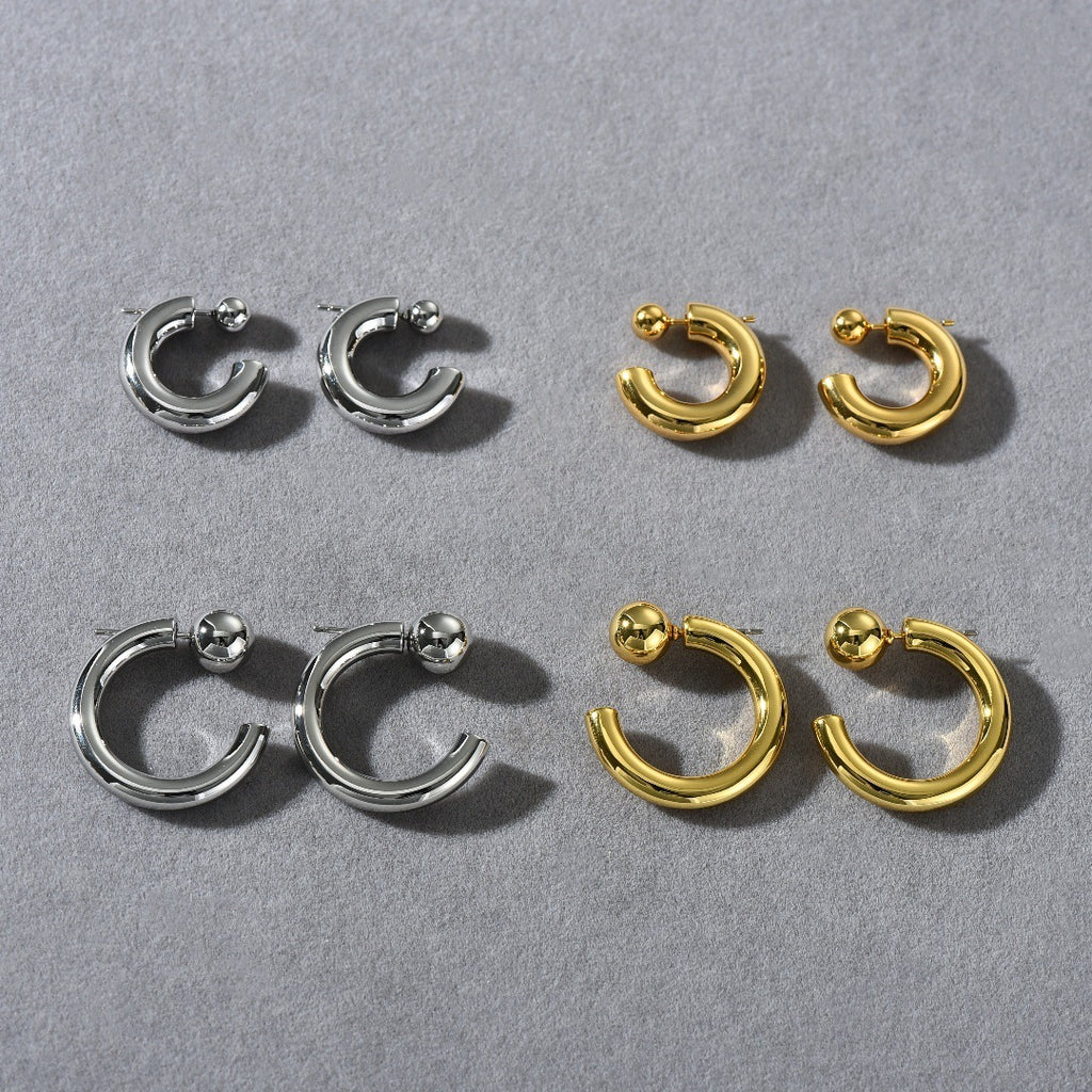 Fashion Personality Golden Bean Earrings Trend Metal Thick C- Shaped Split Ring Earrings Hip Hop Style Geometric Pattern Brass Earrings - view 2