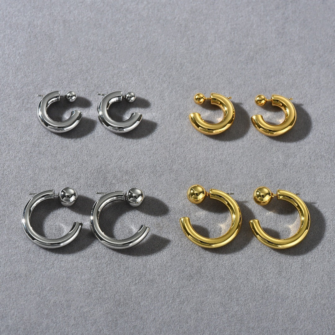 Fashion Personality Golden Bean Earrings Trend Metal Thick C- Shaped Split Ring Earrings Hip Hop Style Geometric Pattern Brass Earrings - view 2