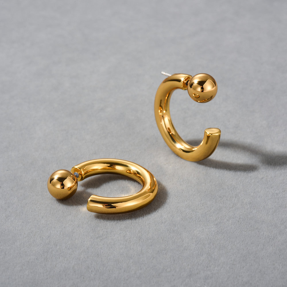 Fashion Personality Golden Bean Earrings Trend Metal Thick C- Shaped Split Ring Earrings Hip Hop Style Geometric Pattern Brass Earrings - view 3