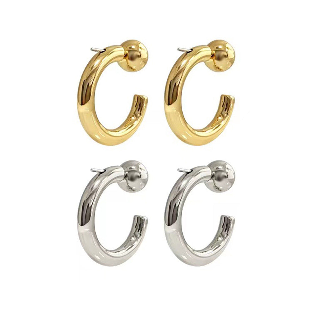 Fashion Personality Golden Bean Earrings Trend Metal Thick C- Shaped Split Ring Earrings Hip Hop Style Geometric Pattern Brass Earrings - view 4