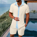 Summer Casual Men's Shirt Shorts Beach Set Color Block Design Short Sleeve Comfortable Cotton Polyester Blend Spring Autumn Wear - front view