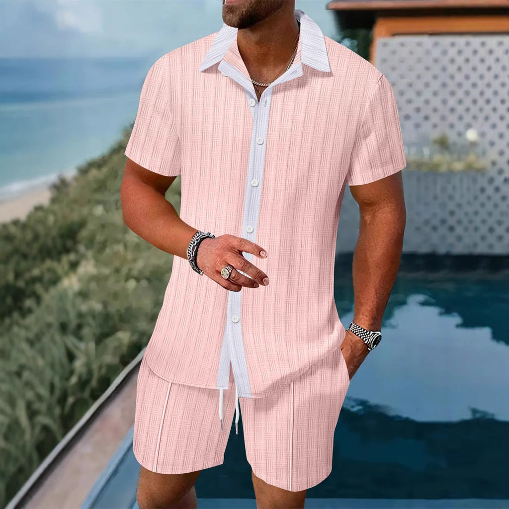 Summer Casual Men's Shirt Shorts Beach Set Color Block Design Short Sleeve Comfortable Cotton Polyester Blend Spring Autumn Wear - view 2