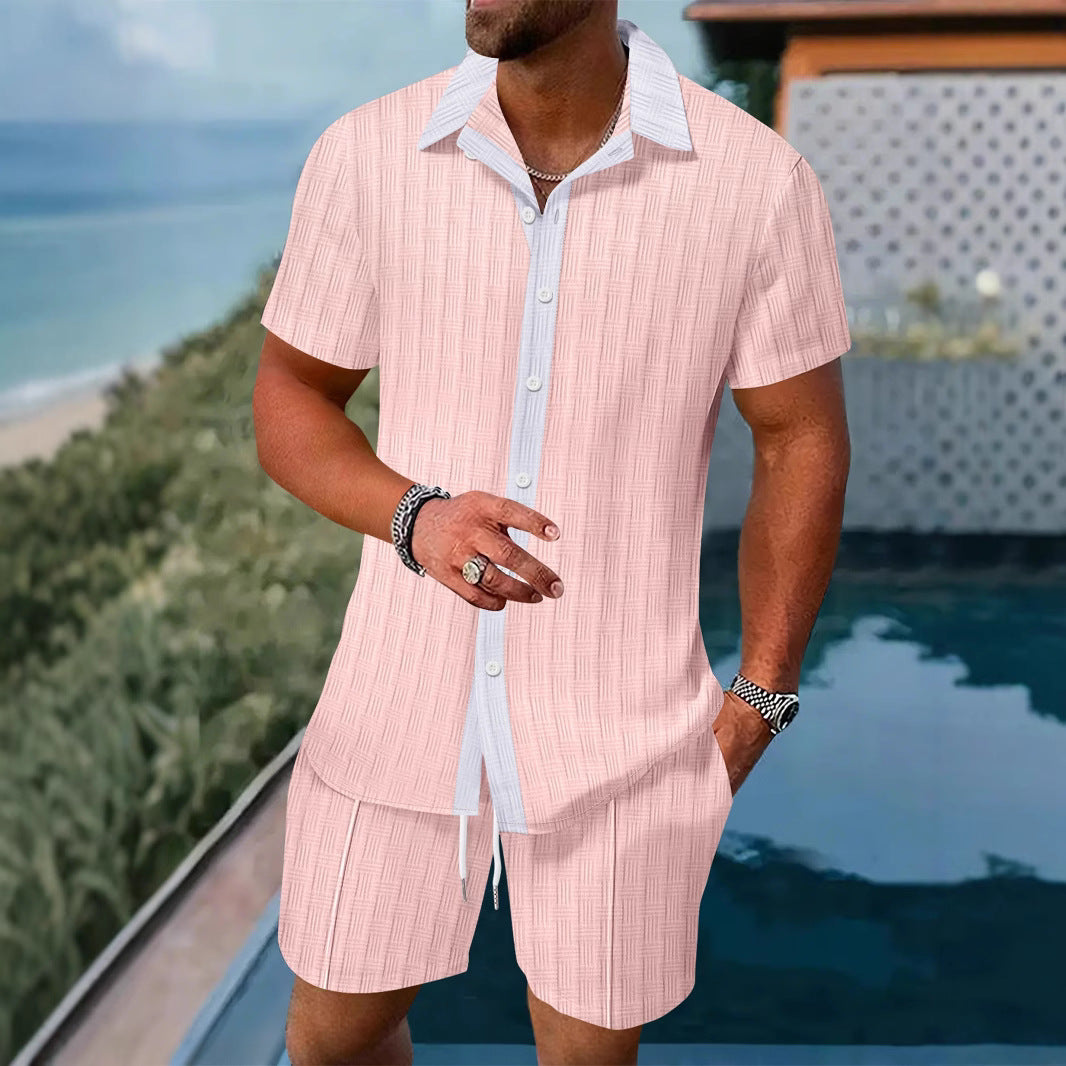 Summer Casual Men's Shirt Shorts Beach Set Color Block Design Short Sleeve Comfortable Cotton Polyester Blend Spring Autumn Wear - view 2